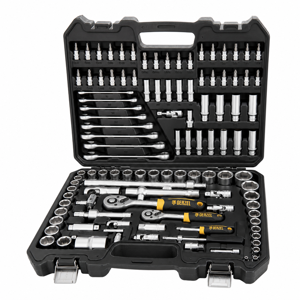 Набор инструмента, 6гр. 1/4", 3/8", 1/2", CrV, S2 усиленный пластик.кейс 216пр.DENZEL